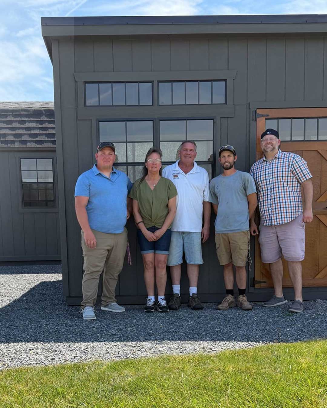 The Shenandoah Sheds team at our White Post, Virginia lot — locally owned, Amish-built sheds and barns since 2014