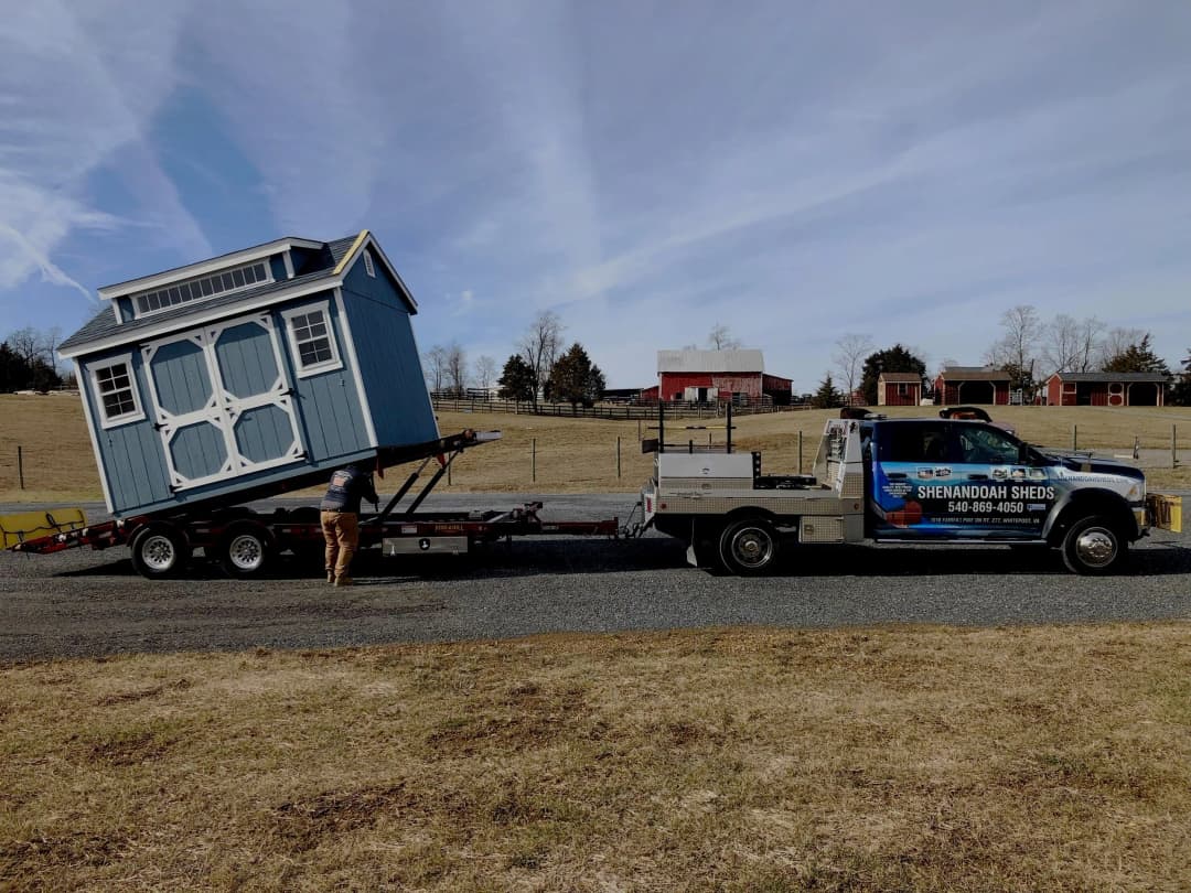 Shenandoah Sheds truck delivering an Amish-built shed