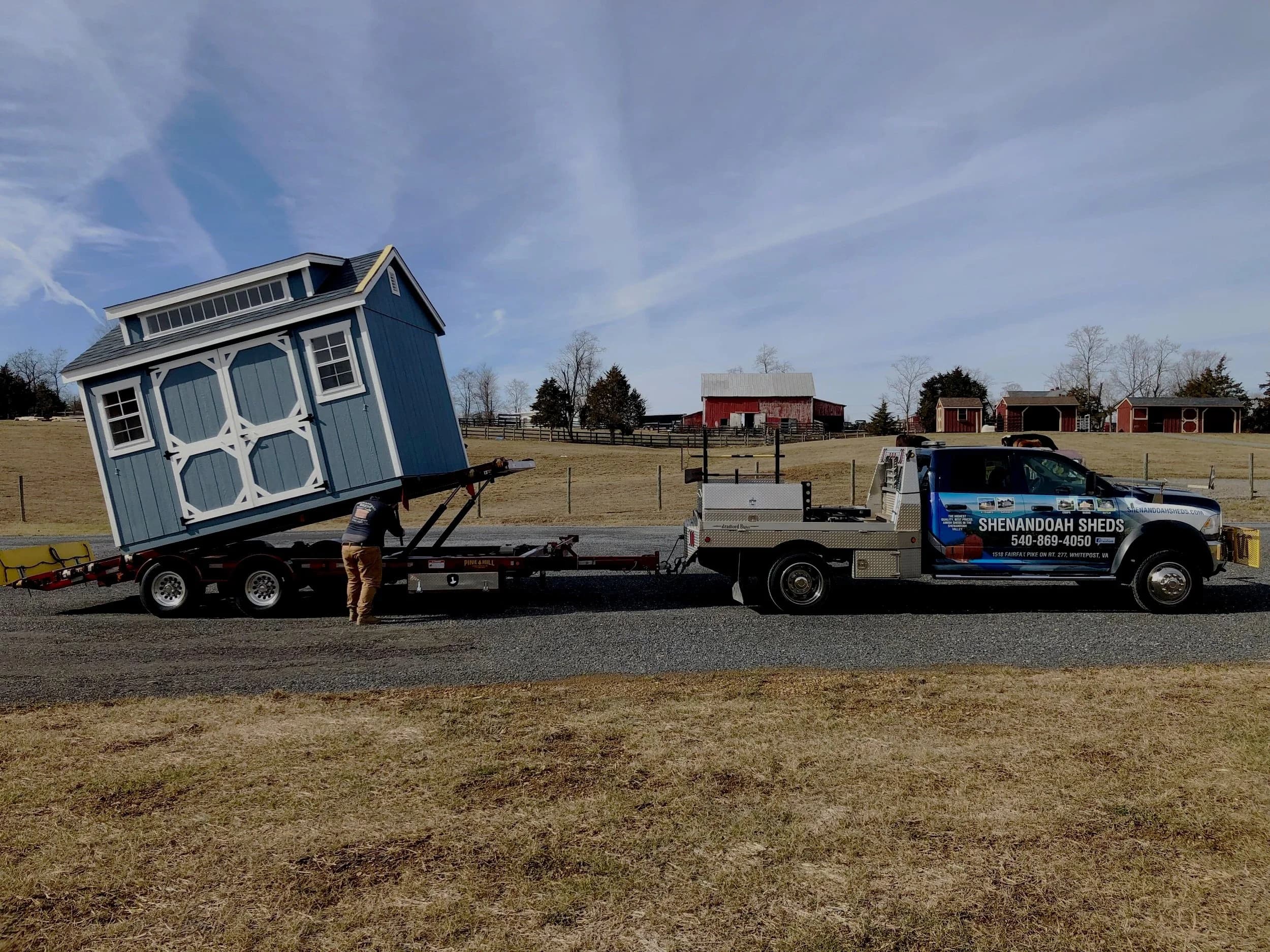 Shenandoah Sheds truck delivering an Amish-built shed