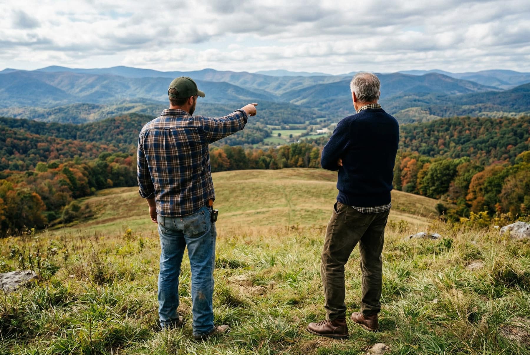 Shenandoah Sheds team discussing site plans overlooking the valley