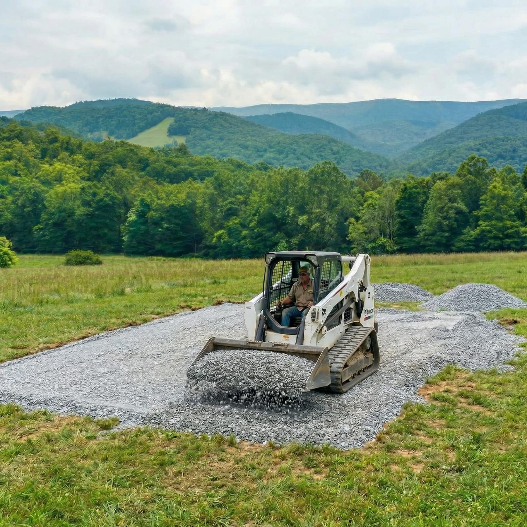 Skid steer preparing a level gravel pad for shed installation