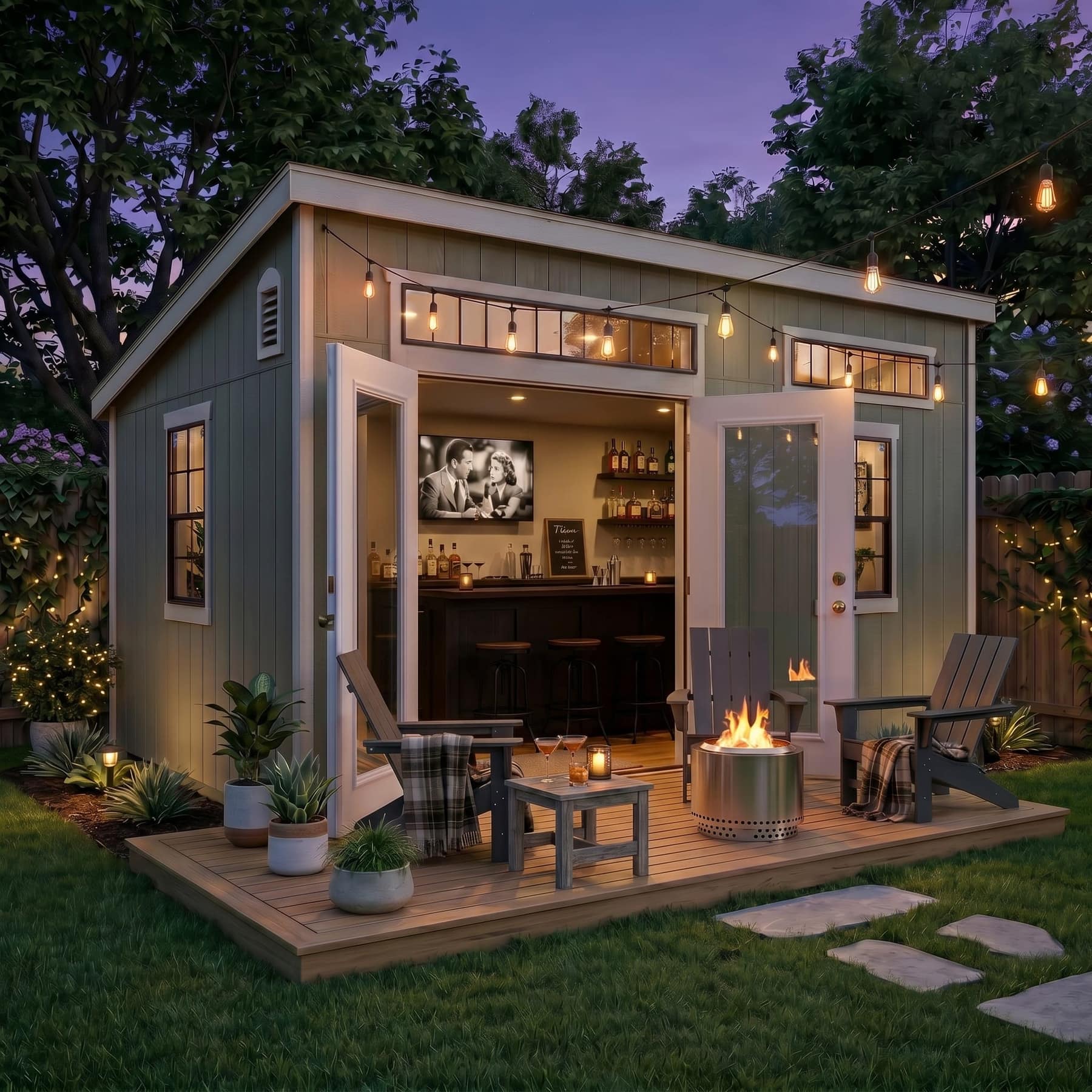 Custom shed designed as a backyard bar