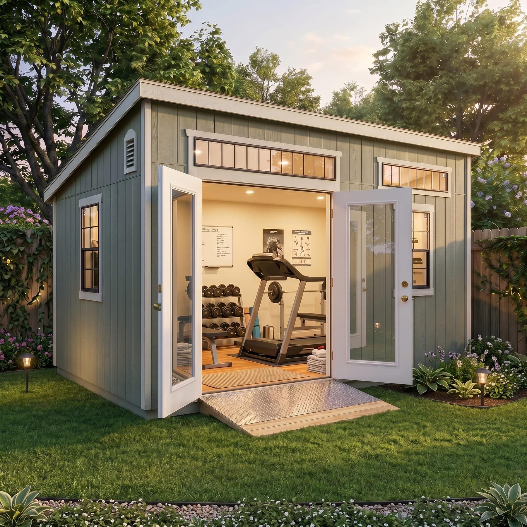 Custom shed set up as a home gym with equipment